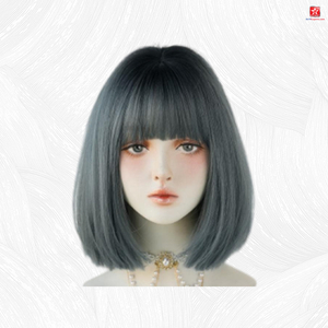 Peluca recta corta gris verde con flequillo plano para mujer conjunto de cabeza completa de pelo liso corto europeo y americano