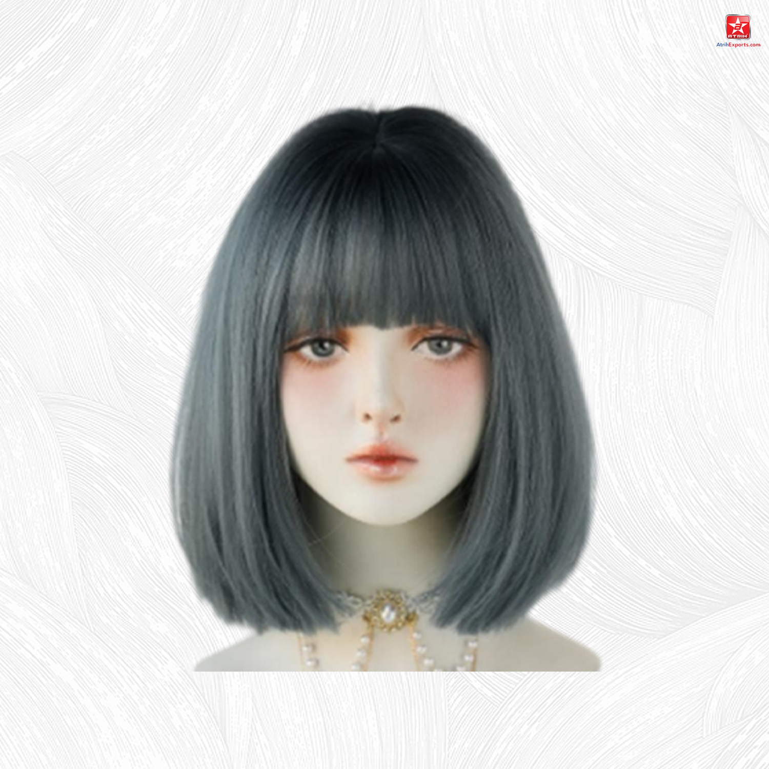 European And American Short Straight Hair Full Head Set Women's Flat Bangs Green Grey Short Straight Wig