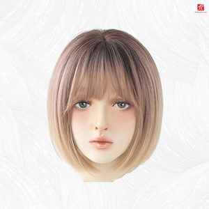 Peluca recta corta de oro rosa degradado con flequillo plano para mujer conjunto de cabeza completa de pelo liso corto europeo y americano