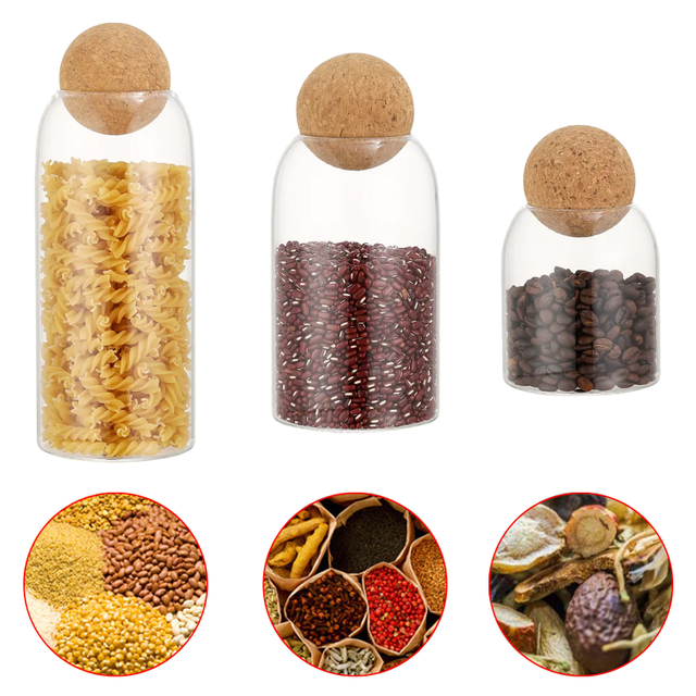 Juego de tarros de vidrio de almacenamiento transparente con tapa de madera de corcho redondo 500 ML 800ML 1000ML para tanque de almacenamiento de alimentos de cocina