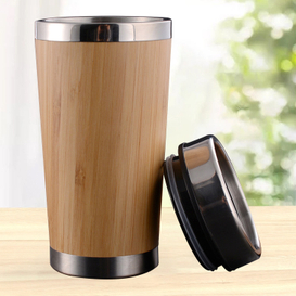 taza de café de bambú de Shell del acero inoxidable de la pared doble 450ml para el viaje y la oficina