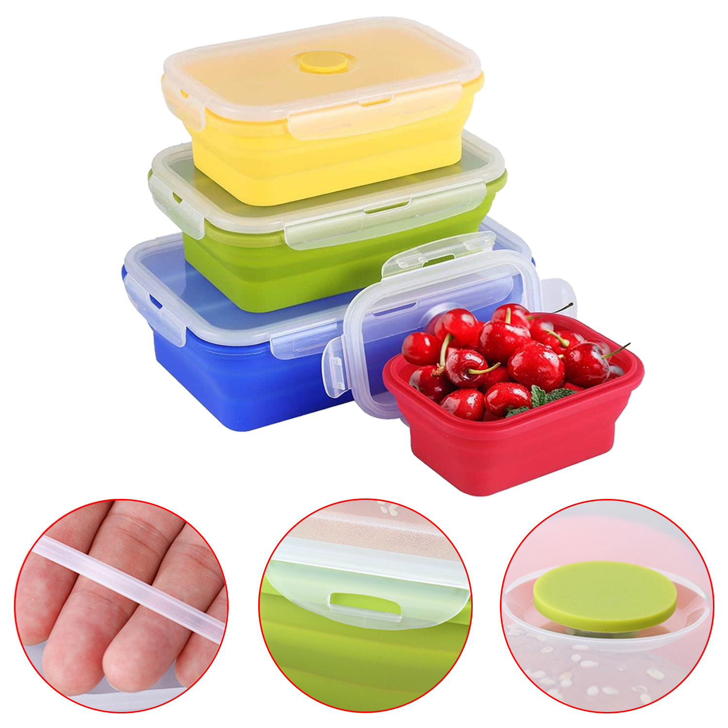 Fiambrera plegable de silicona con tapa 350ML/500ML/800ML/1200ML Juego de 4 piezas Fiambrera plegable portátil cuadrada de silicona