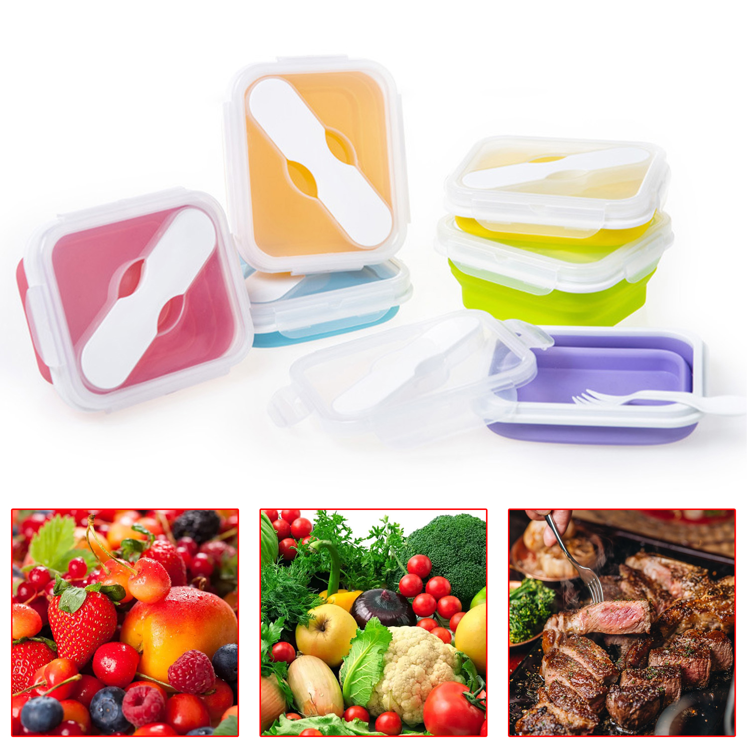 Popular 600ml Food Storage Containers With Fork BPA Free For Outdoor Collapsible Silicone Lunch Bento Box