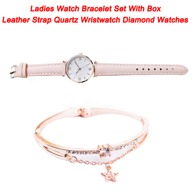 Reloj de pulsera para mujer con caja, correa de cuero, reloj de pulsera de cuarzo, relojes de diamantes
