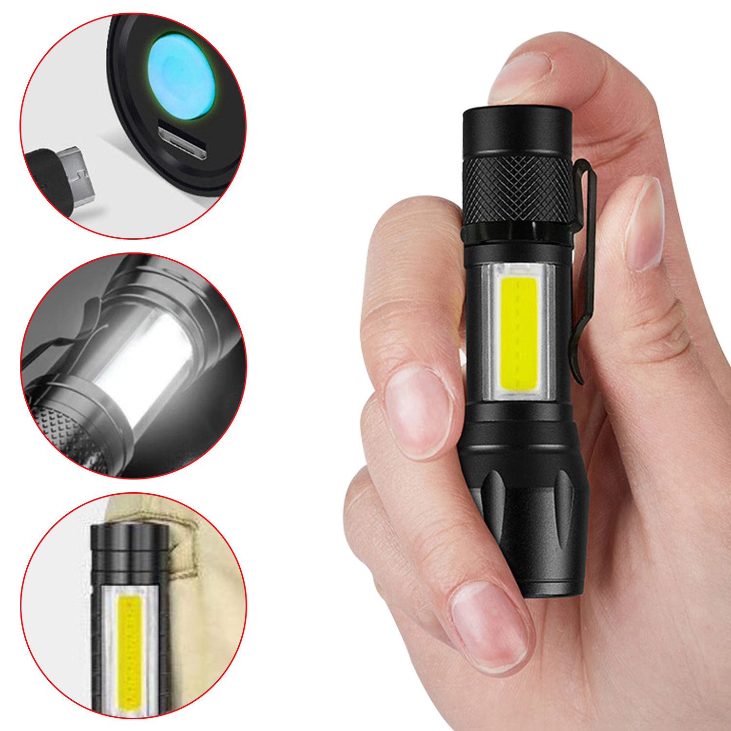 Mini linterna LED recargable, linterna portátil con carga USB, banco de alta potencia, para acampar, resistente al agua, linterna LED de largo alcance