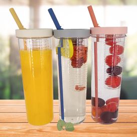 Botella de agua con infusor de frutas con pajita, botella de agua plegable de gran capacidad de 700ml