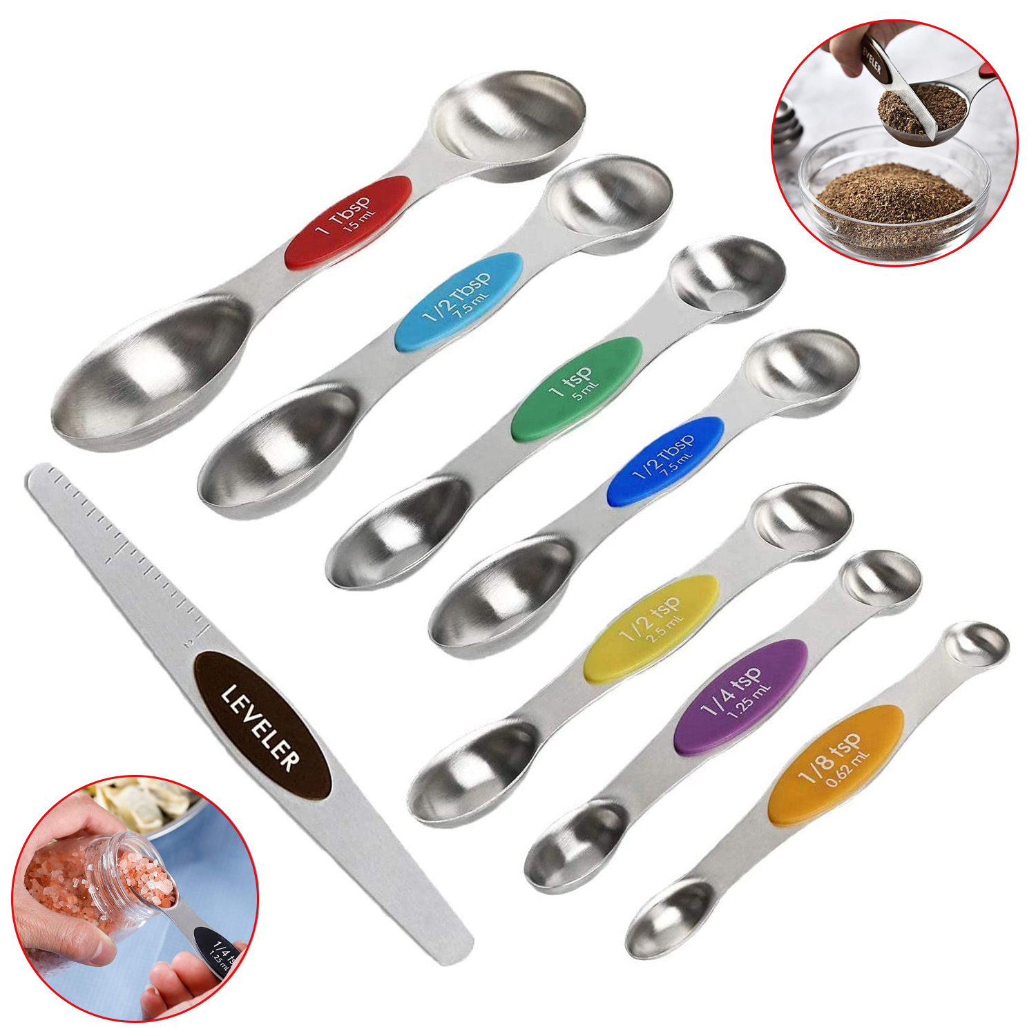 Juego de nivelador de cuchara medidora de doble cabeza de acero inoxidable de 8 piezas para hornear con multicolor magnético