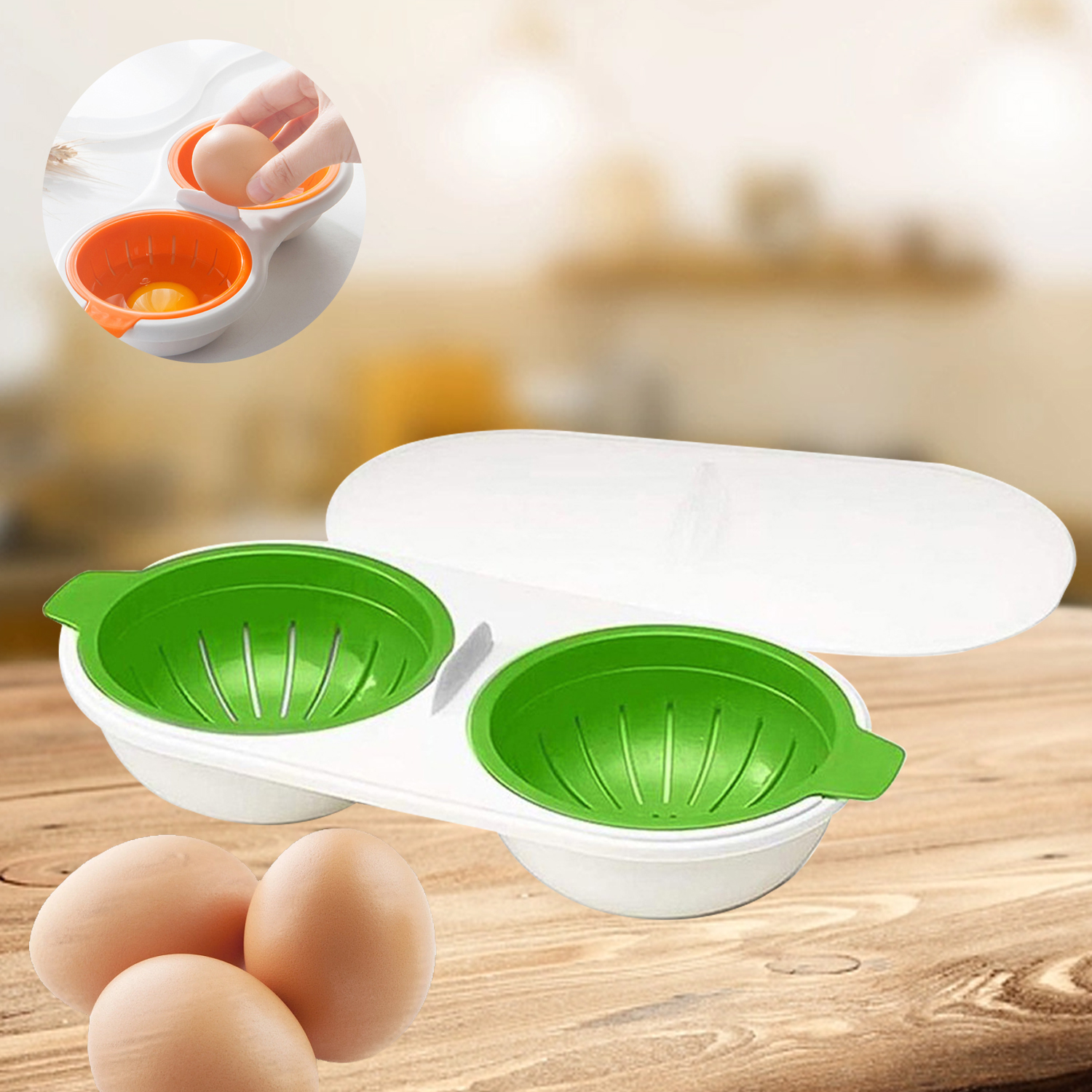 Escalfador de huevos para microondas, escalfador redondo de drenaje, taza doble, hervidor de huevos, escalfador de huevos, utensilios de cocina para huevos al vapor