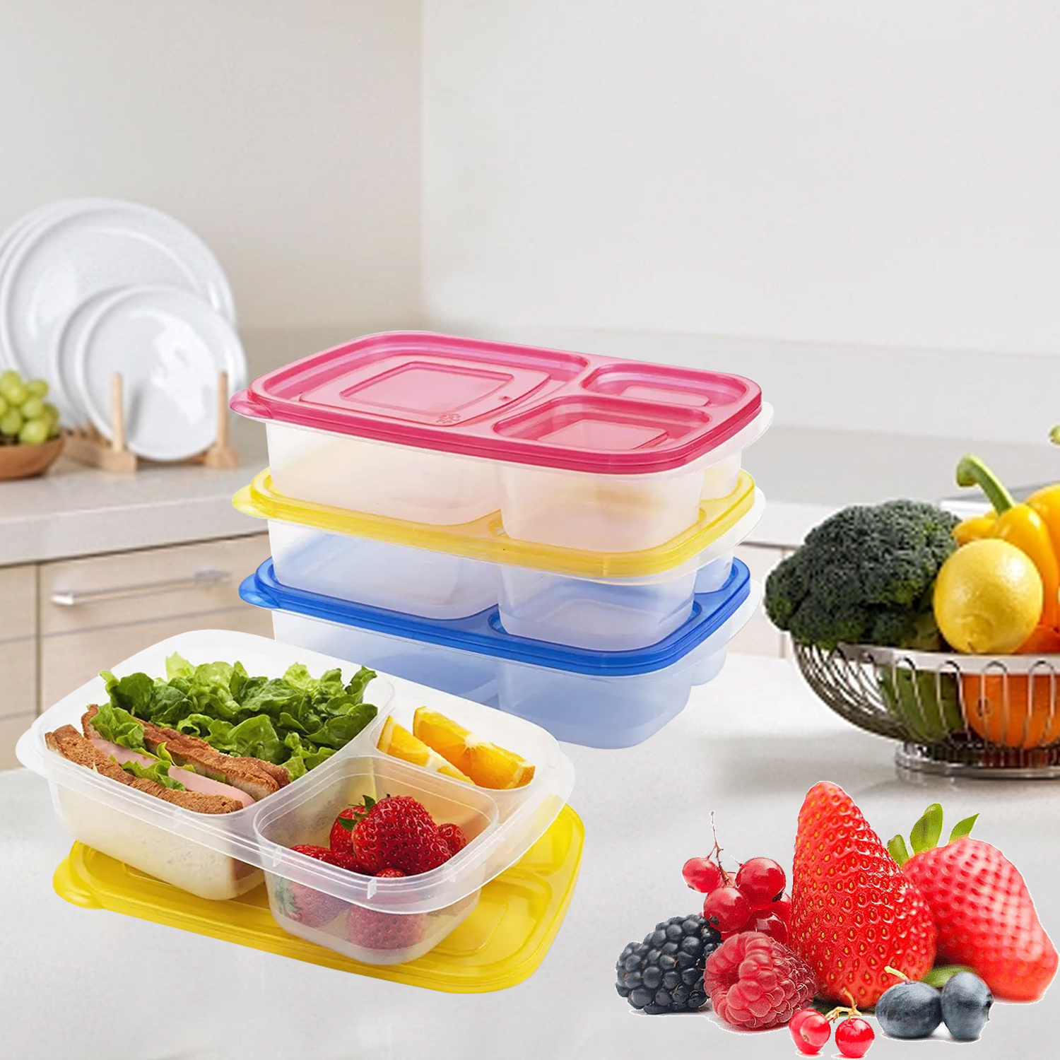 Fiambrera de plástico multicolor con tres compartimentos, fiambrera para alimentos, fiambrera para microondas, caja de almacenamiento para contenedores de alimentos