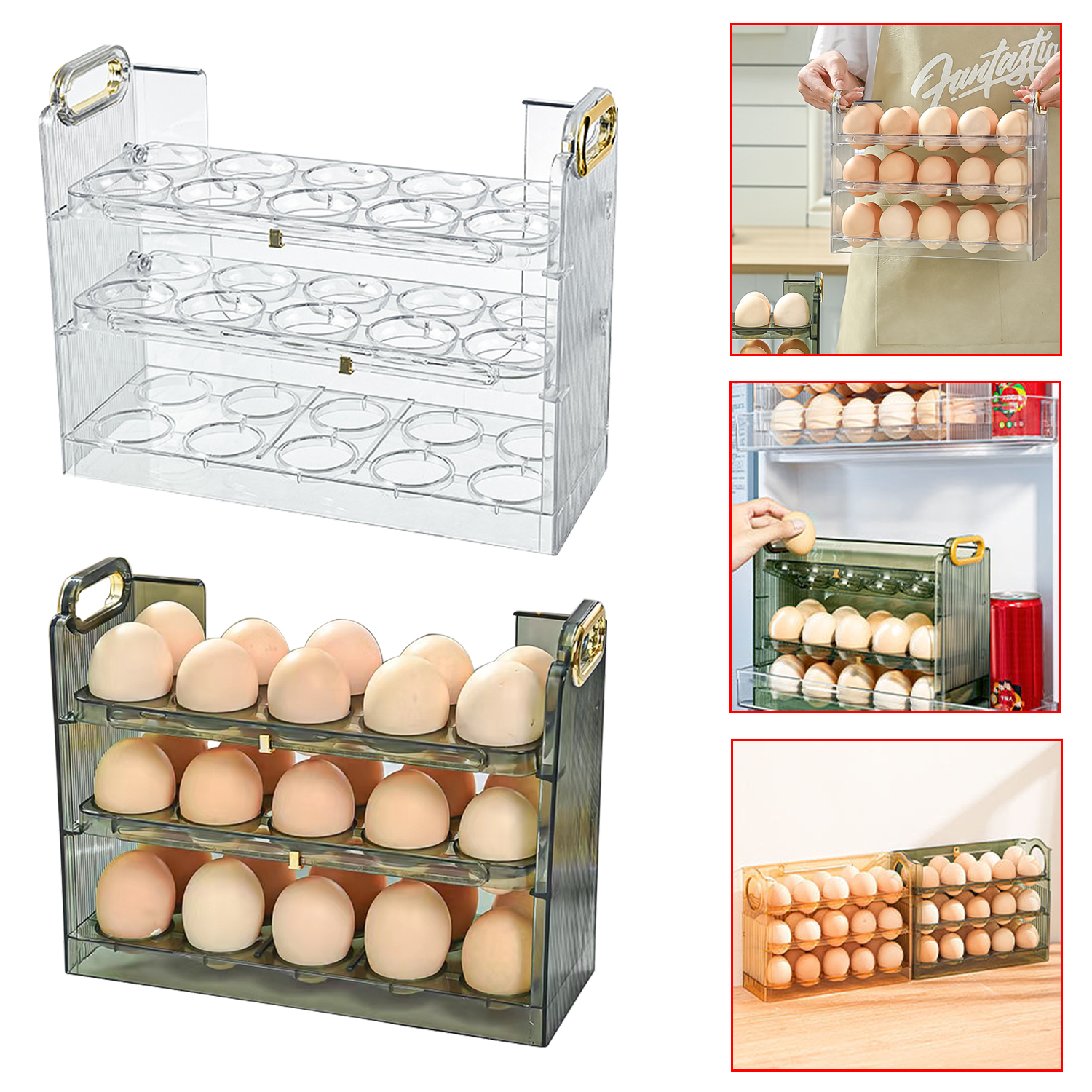 Caja de almacenamiento para refrigerador de huevos, nevera para el hogar, puerta lateral, estante para huevos con tapa de varias capas