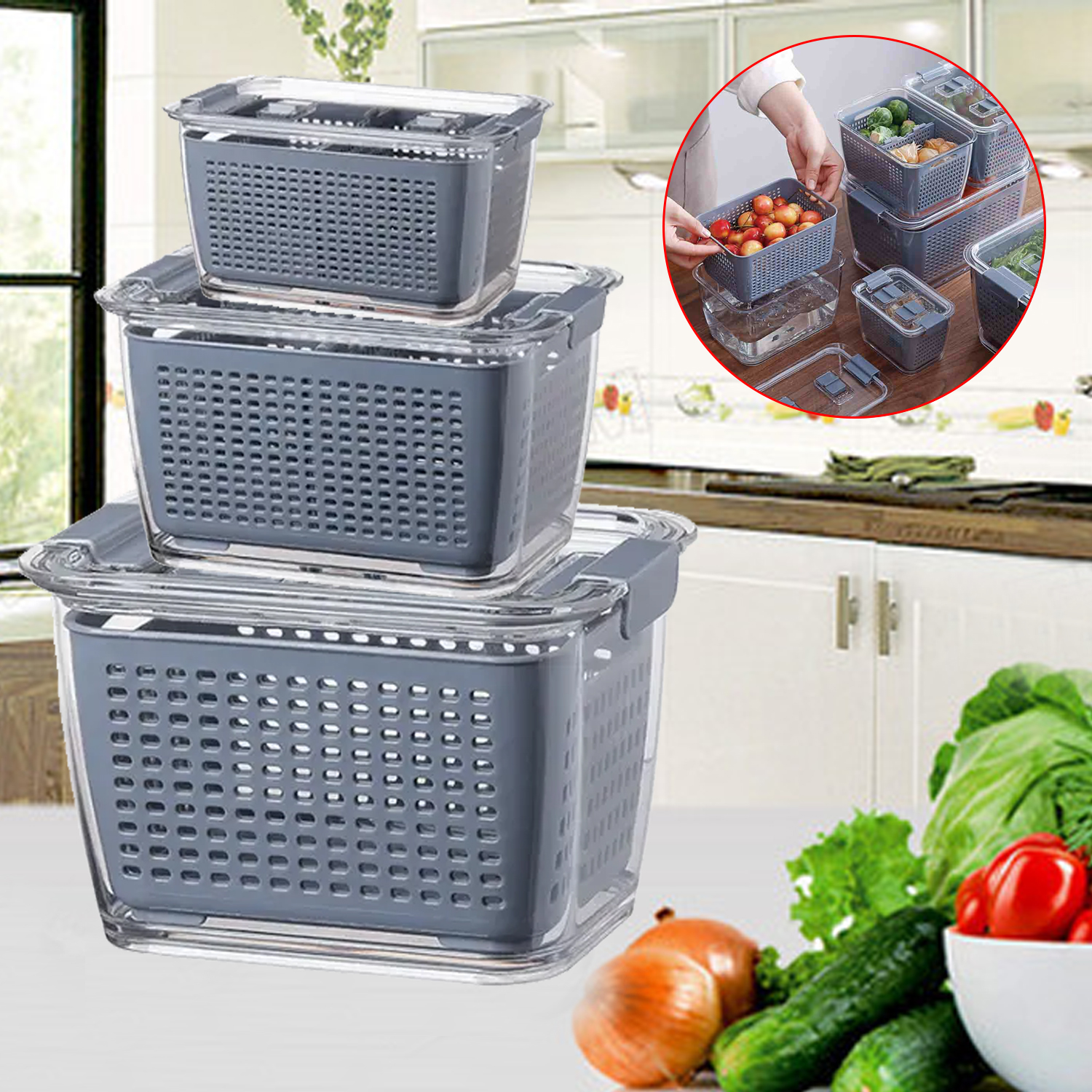 Refrigerador Contenedores de almacenamiento de alimentos con tapa Caja de almacenamiento Cajas de frutas y verduras frescas Cesta de drenaje Contenedores de almacenamiento