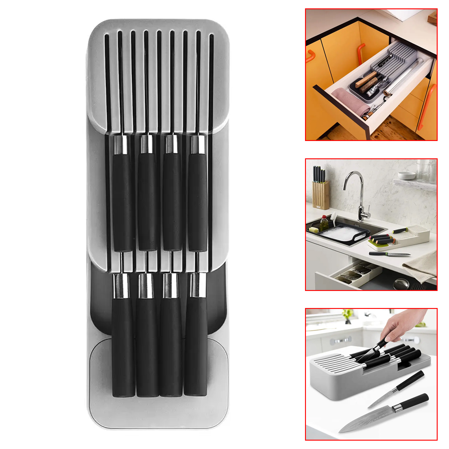 Caja de almacenamiento de cuchillos de plástico, soporte Universal para cuchillos, cajón organizador de cubiertos, bandeja, estante de utensilios, caja de almacenamiento de cuchillos para cocina