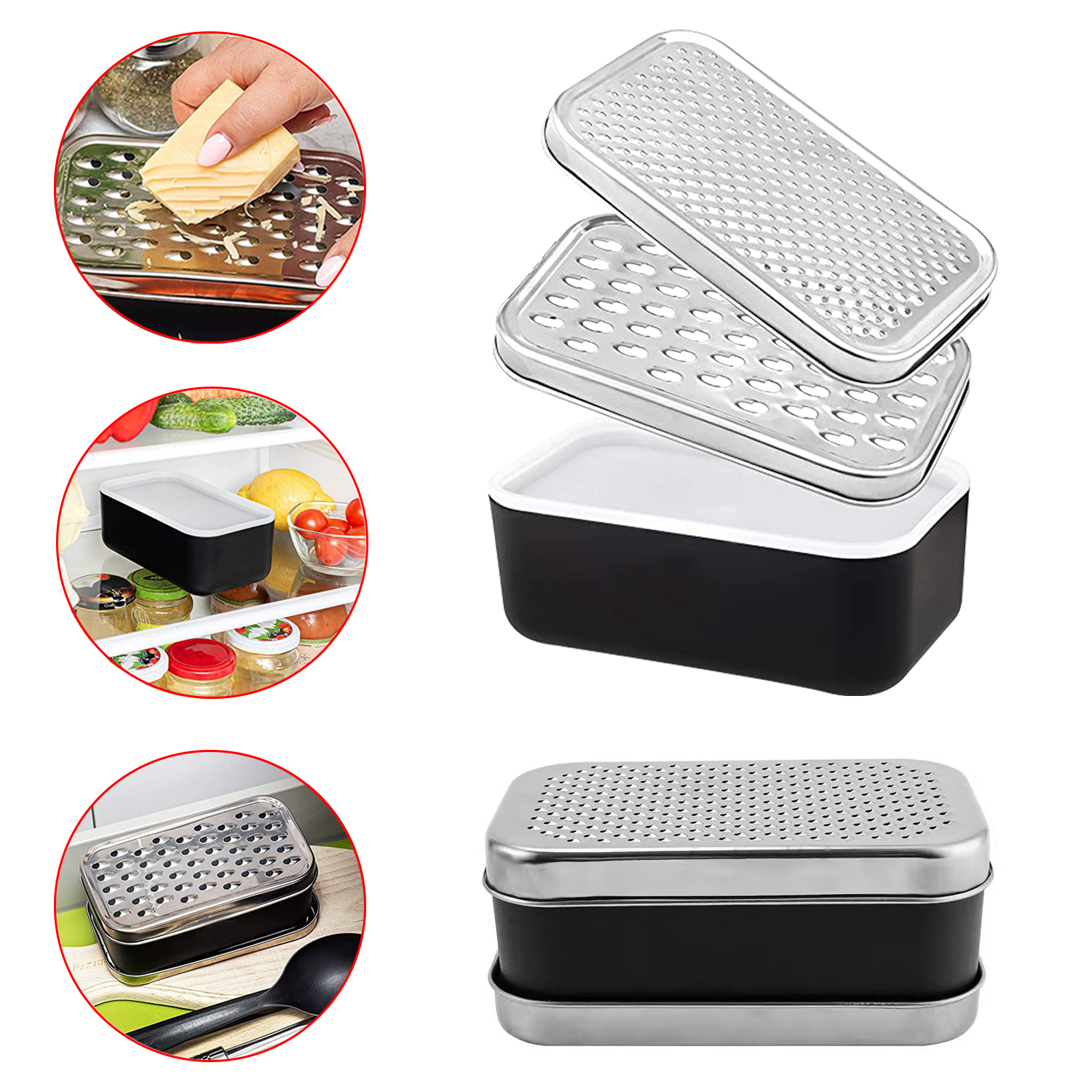 Rallador de queso de doble cara, trituradora de ajo y jengibre portátil con contenedor de ahorro de alimentos, caja rectangular y ralladores de acero inoxidable