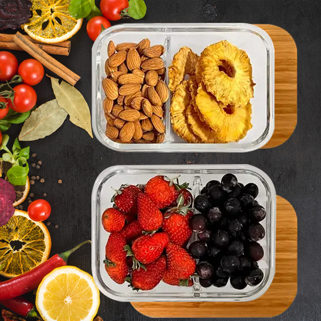 Fiambrera de vidrio con tapa de madera de bambú, caja de almacenamiento de cuenco fresco, contenedor de comida Bento portátil para microondas para estudiantes, Picnic