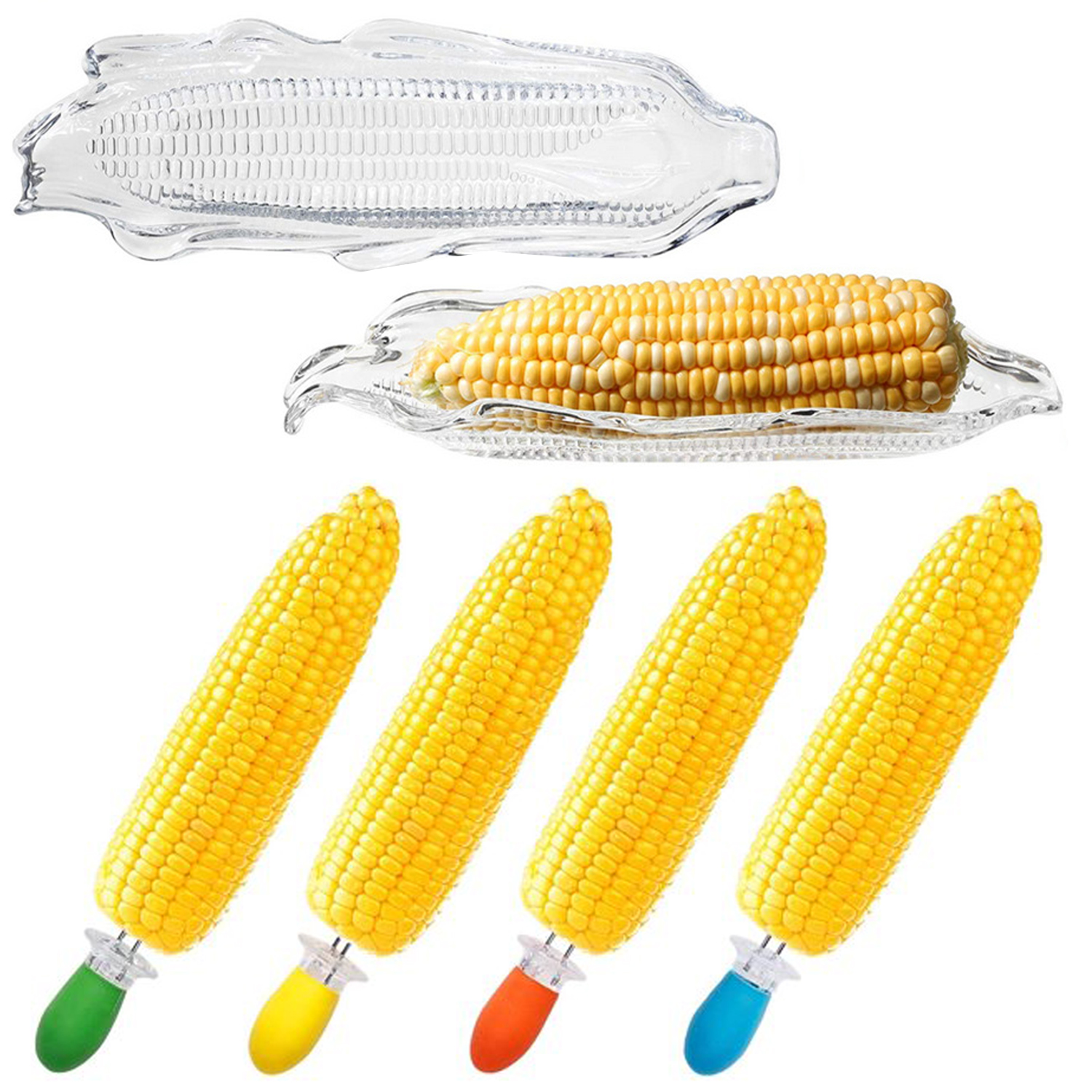 2 bandejas de plástico para maíz, 2 soportes para barbacoa de maíz de doble punta para platos de maíz y kits de mantequilla, paquete de 4