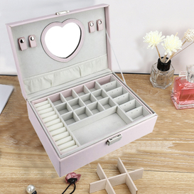 Joyero con espejo cuadrado, accesorios rosas, caja de almacenamiento portátil para decoración del hogar de niñas