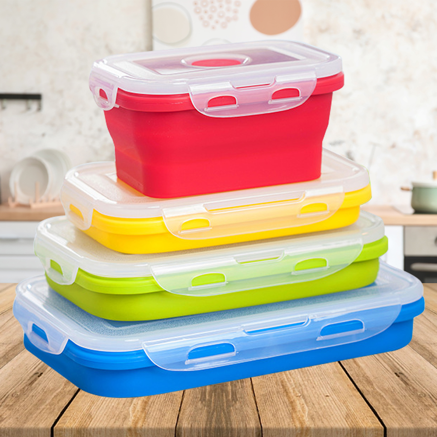 Fiambrera plegable de silicona con tapa 350ML/500ML/800ML/1200ML Juego de 4 piezas Fiambrera plegable portátil cuadrada de silicona
