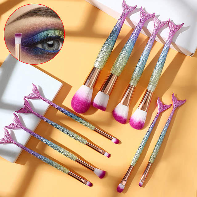 Juego de brochas de maquillaje profesional con cola de pez de sirena de belleza de 10 piezas