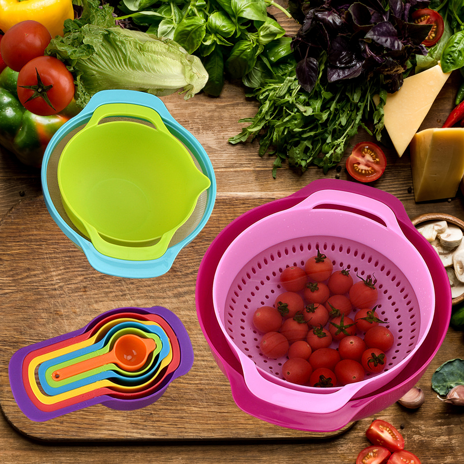 10 Piece Mixing Bowl Set Salad Bowls Colorful Kitchen Bowls Colander Mesh Strainer with Handles Measuring Cups
