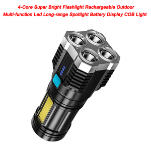 Linterna superbrillante de 4 núcleos, recargable, para exteriores, multifunción, Led, foco de largo alcance, pantalla de batería, luz COB