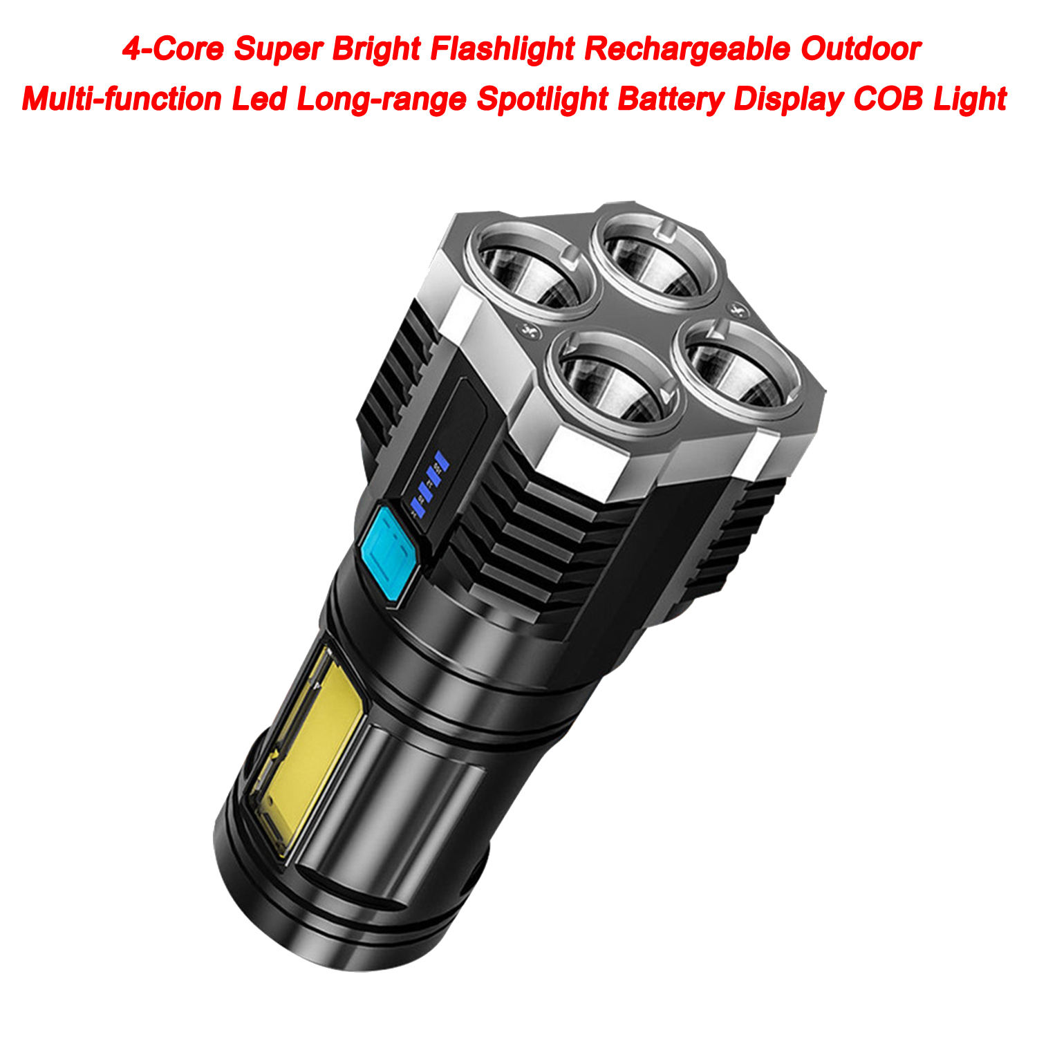 Linterna superbrillante de 4 núcleos, recargable, para exteriores, multifunción, Led, foco de largo alcance, pantalla de batería, luz COB