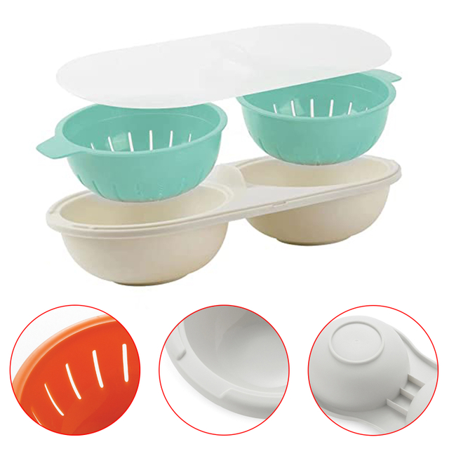 Escalfador de huevos para microondas, escalfador redondo de drenaje, taza doble, hervidor de huevos, escalfador de huevos, utensilios de cocina para huevos al vapor