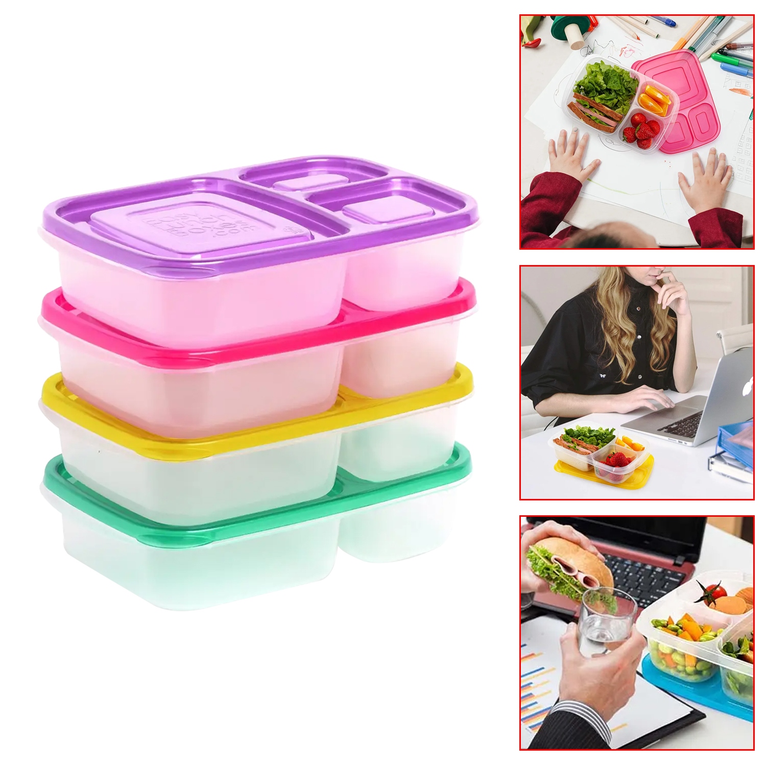 Fiambrera de plástico multicolor con tres compartimentos, fiambrera para alimentos, fiambrera para microondas, caja de almacenamiento para contenedores de alimentos