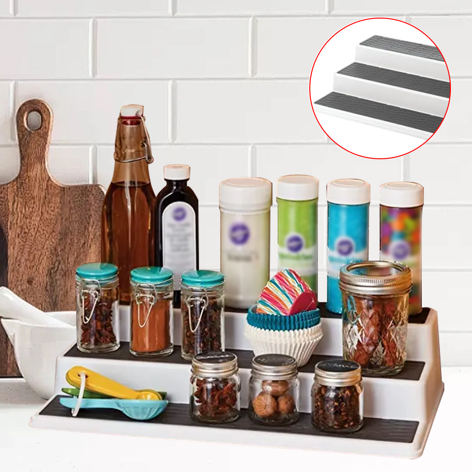 Estante de especias con forma de escalera, soporte de almacenamiento de condimentos portátil de tres capas, organizadores ajustables, decoración de cocina para el hogar