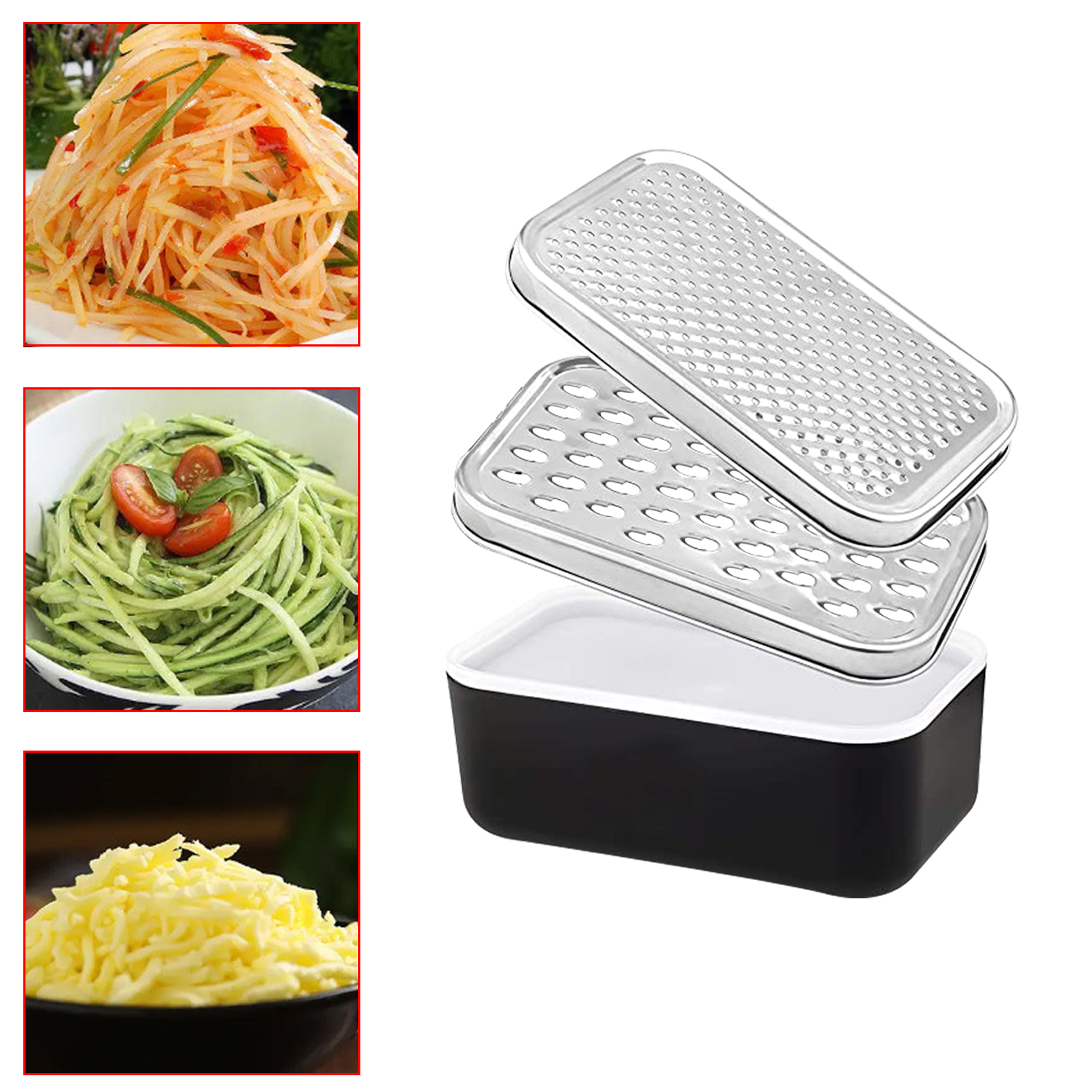 Rallador de queso de doble cara, trituradora de ajo y jengibre portátil con contenedor de ahorro de alimentos, caja rectangular y ralladores de acero inoxidable