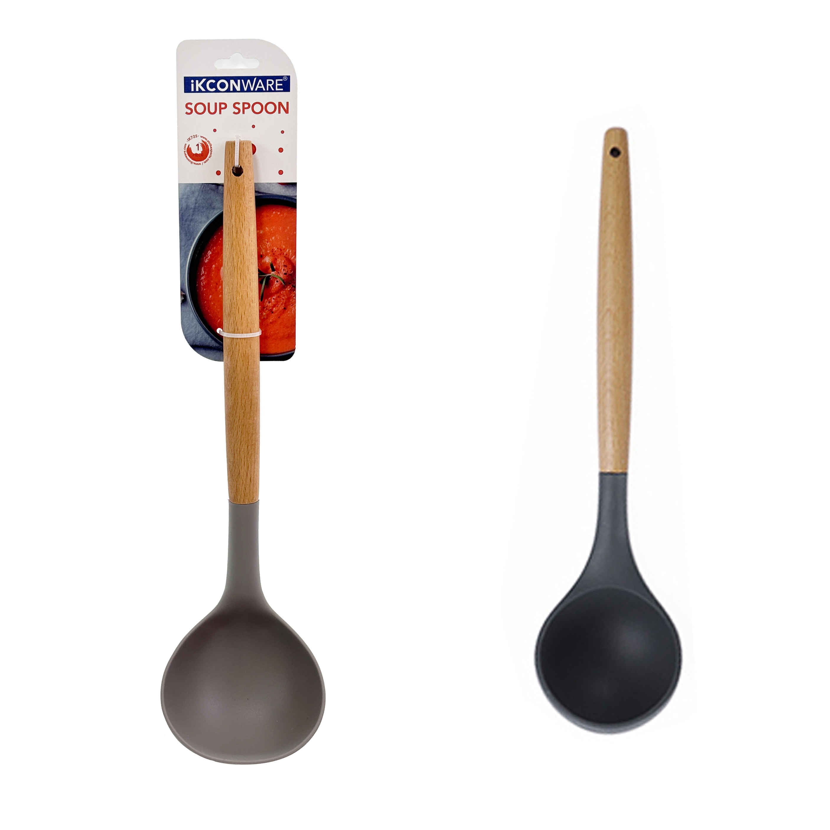Cuchara de sopa de silicona con mango de madera