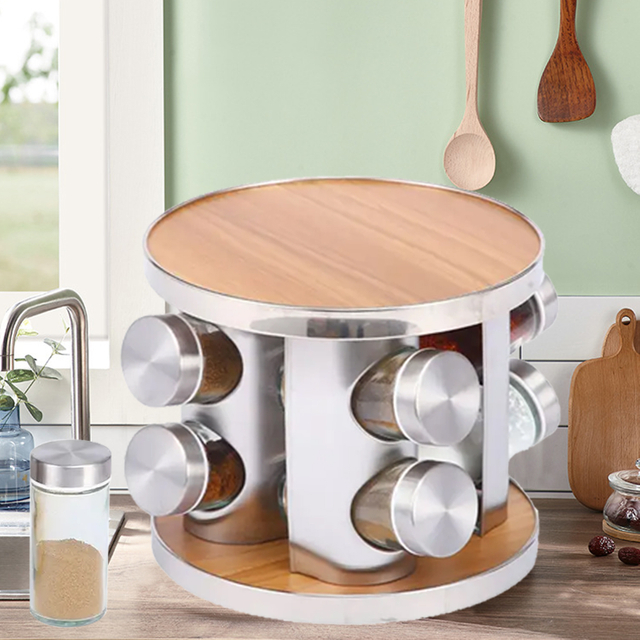 Circular Rotatable Spice Bottle Rack Stainless Steel Kitchen Accessories Wood Grain Kitchen Organizer Ornament Jar Spice Jar Storage Rack