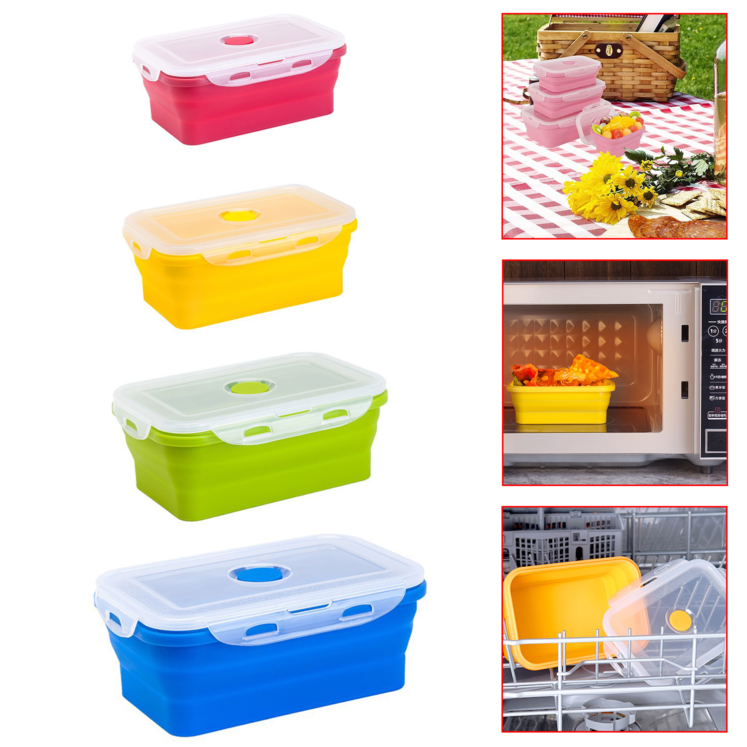 Fiambrera plegable de silicona con tapa 350ML/500ML/800ML/1200ML Juego de 4 piezas Fiambrera plegable portátil cuadrada de silicona