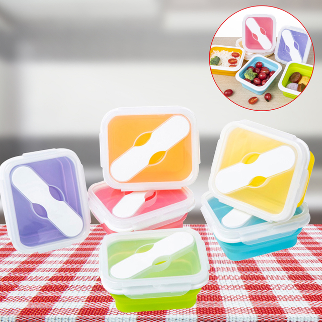 Popular 600ml Food Storage Containers With Fork BPA Free For Outdoor Collapsible Silicone Lunch Bento Box