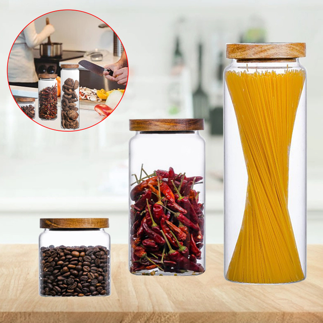 Tapa de madera, bote hermético de vidrio, botellas de almacenamiento de cocina, tarro, tarro de comida para dulces, contenedor, botella, grano de café, Pasta, tarro de avena