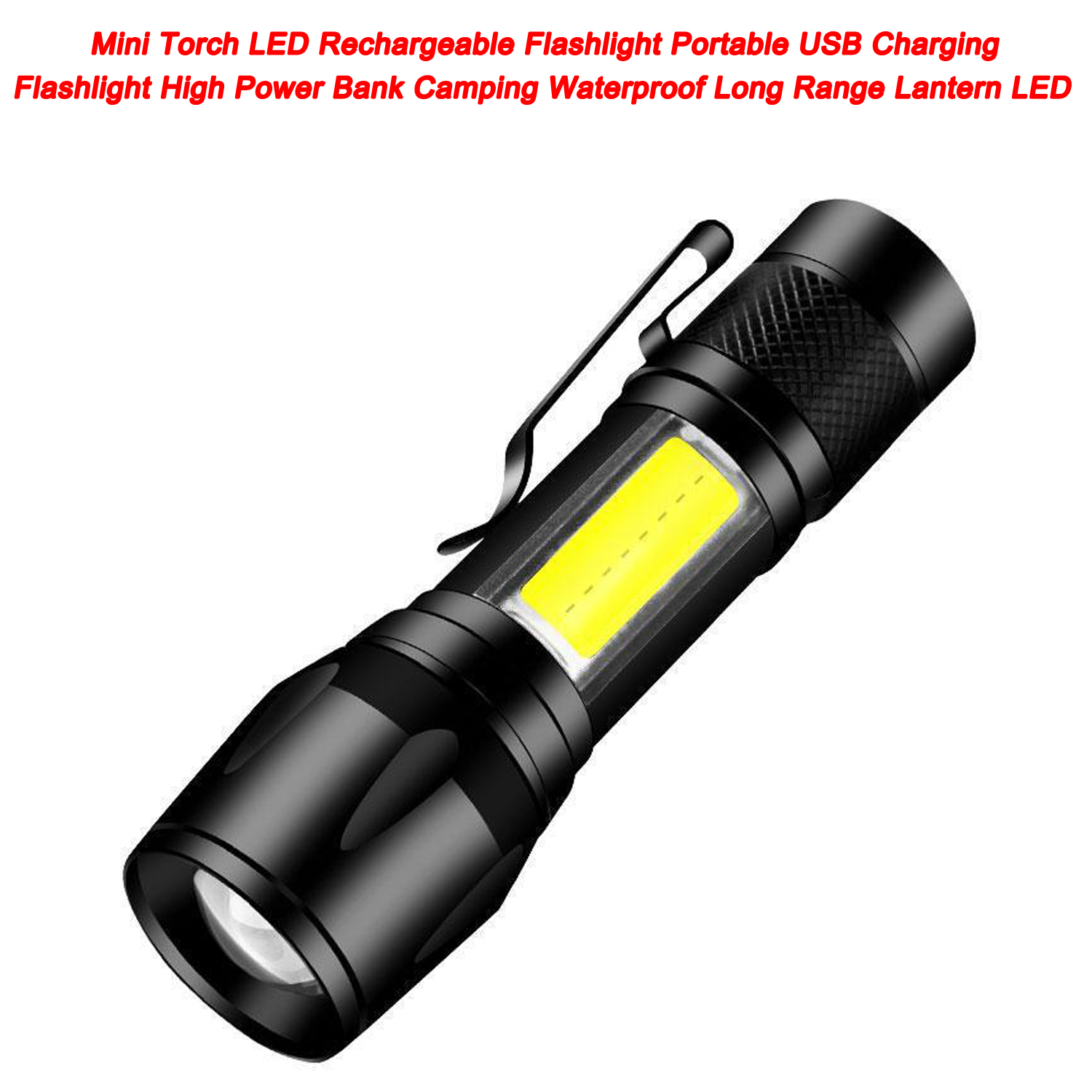 Mini linterna LED recargable, linterna portátil con carga USB, banco de alta potencia, para acampar, resistente al agua, linterna LED de largo alcance