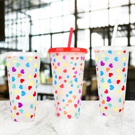 Tazas navideñas con cambio de temperatura, reutilizables, 710ml, 24oz, confeti en forma de corazón, taza que cambia de Color frío con tapa y pajita