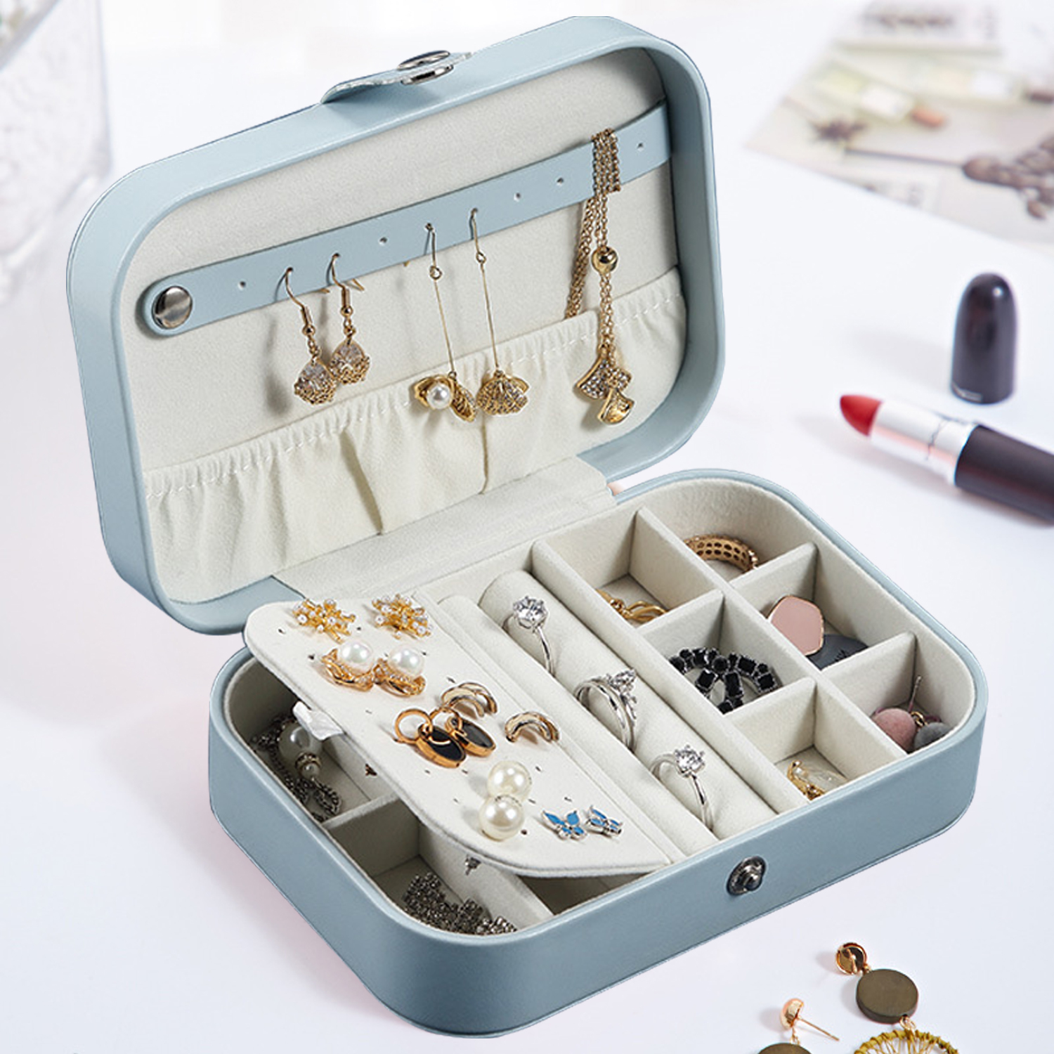 Caja de joyería portátil, organizador de joyería, estuche de viaje para exhibición, cajas de almacenamiento de cuero con botones, joyero 
