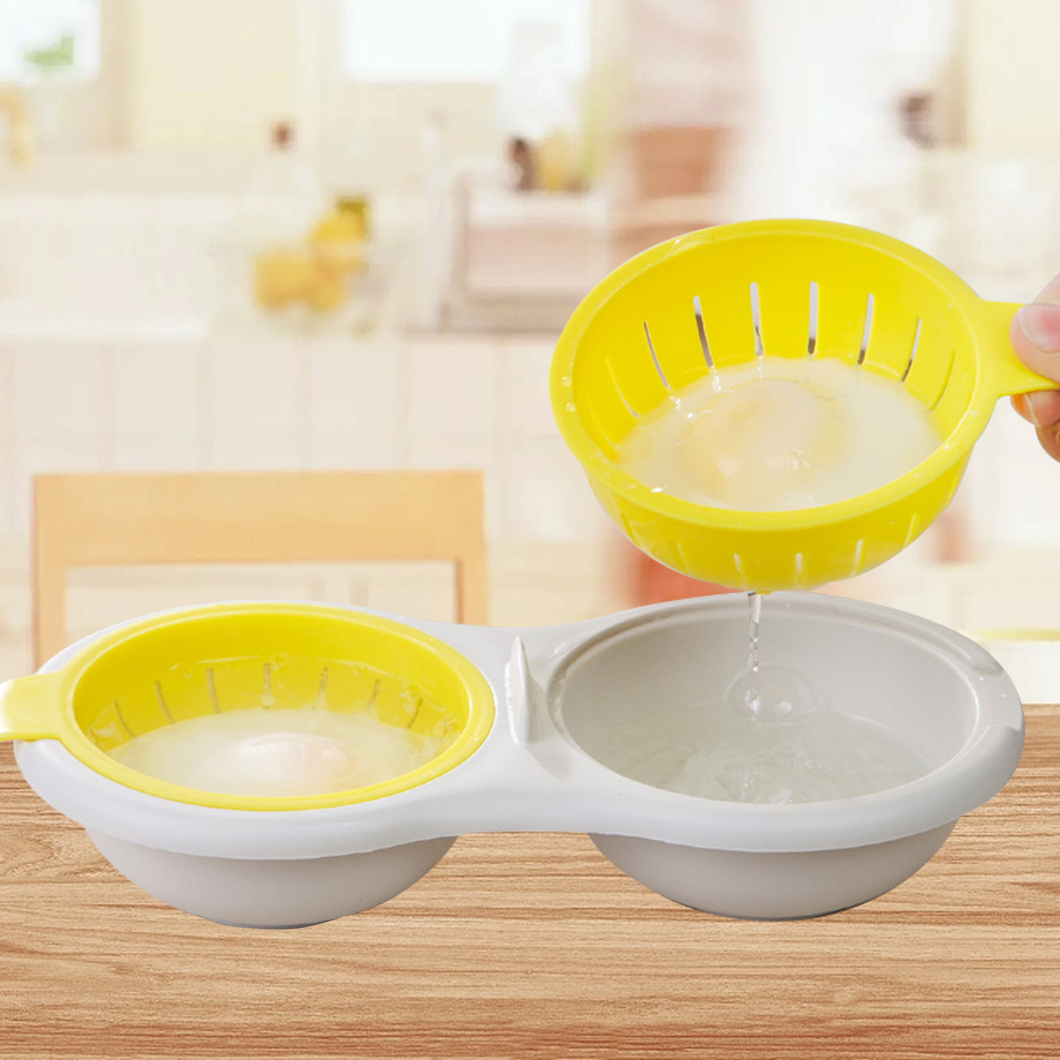 Escalfador de huevos para microondas, escalfador redondo de drenaje, taza doble, hervidor de huevos, escalfador de huevos, utensilios de cocina para huevos al vapor