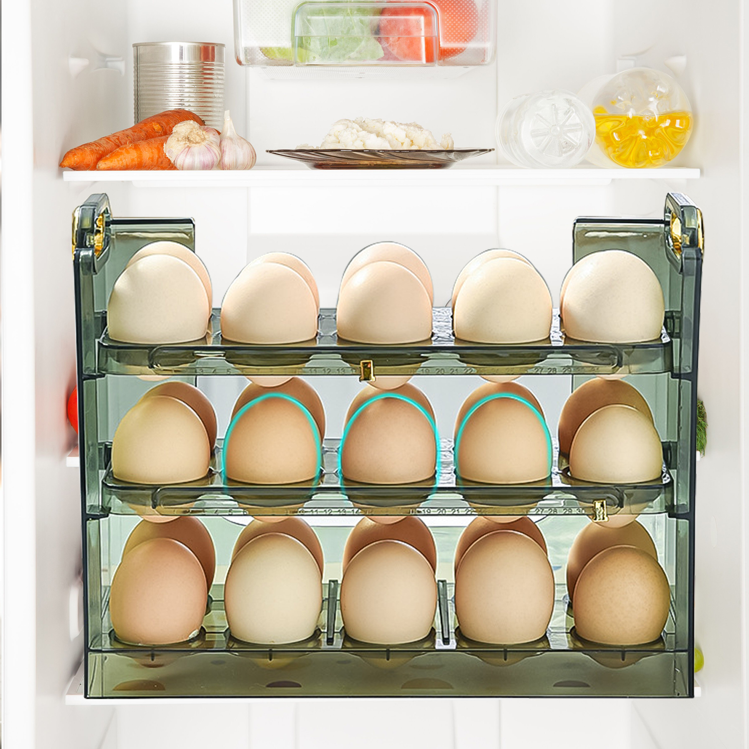 Caja de almacenamiento para refrigerador de huevos, nevera para el hogar, puerta lateral, estante para huevos con tapa de varias capas