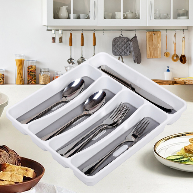 Bandeja De Almacenamiento De Cubiertos Bandeja Grande Para Cubiertos Organizador De Cajones De Cocina De 5 Compartimentos Con Forro De Agarre Suave Y Patas De Goma Antideslizantes