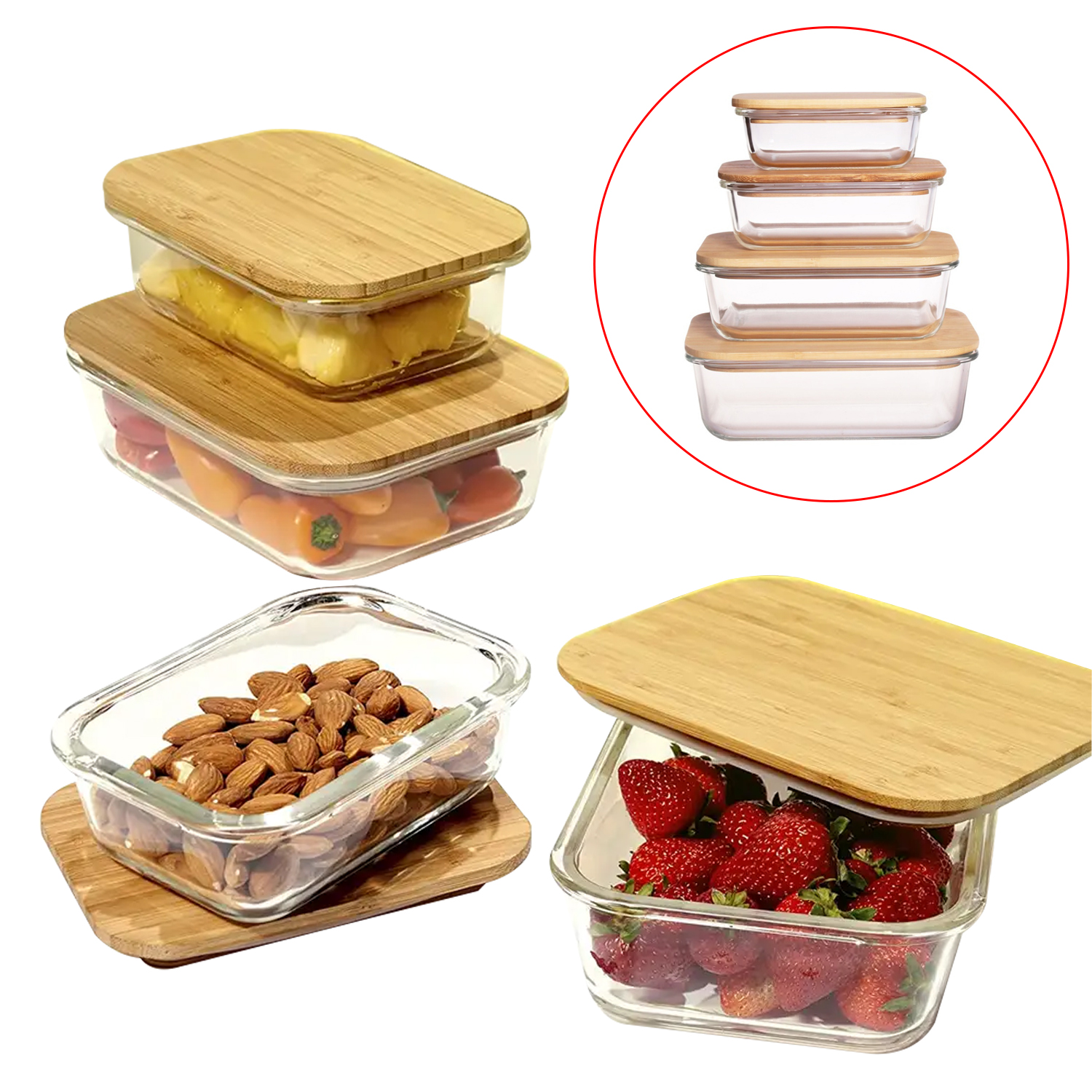 Eco-Friendly Glass Food Container Bamboo Lid 370ml 640ml 1040ml 1520ml Eco Friendly Thermal Food Container Lunch Box with Silicon Ring