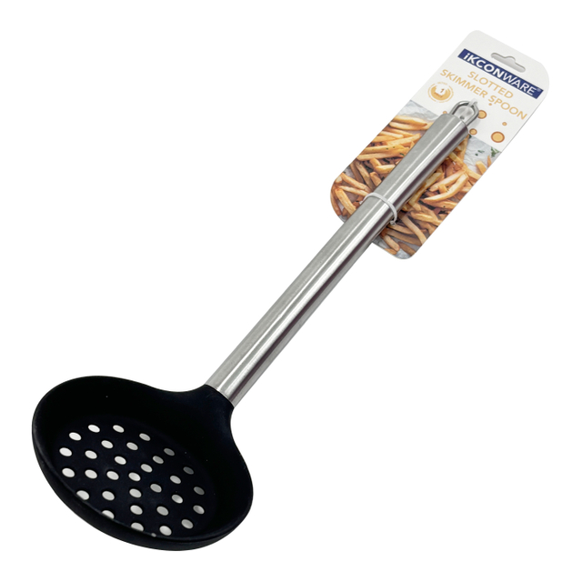 Cuchara espumadera ranurada de silicona negra con mango de acero inoxidable de primera calidad