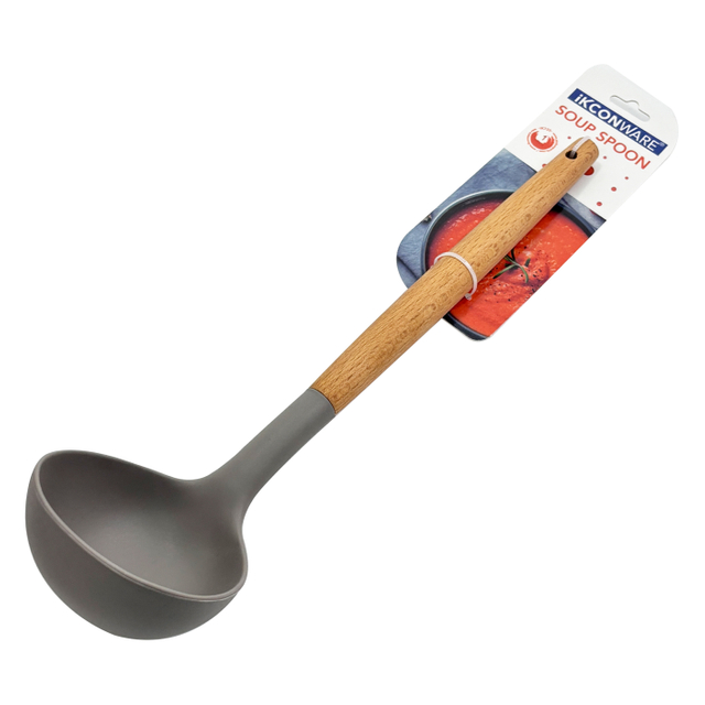 Cuchara de sopa de silicona con mango de madera