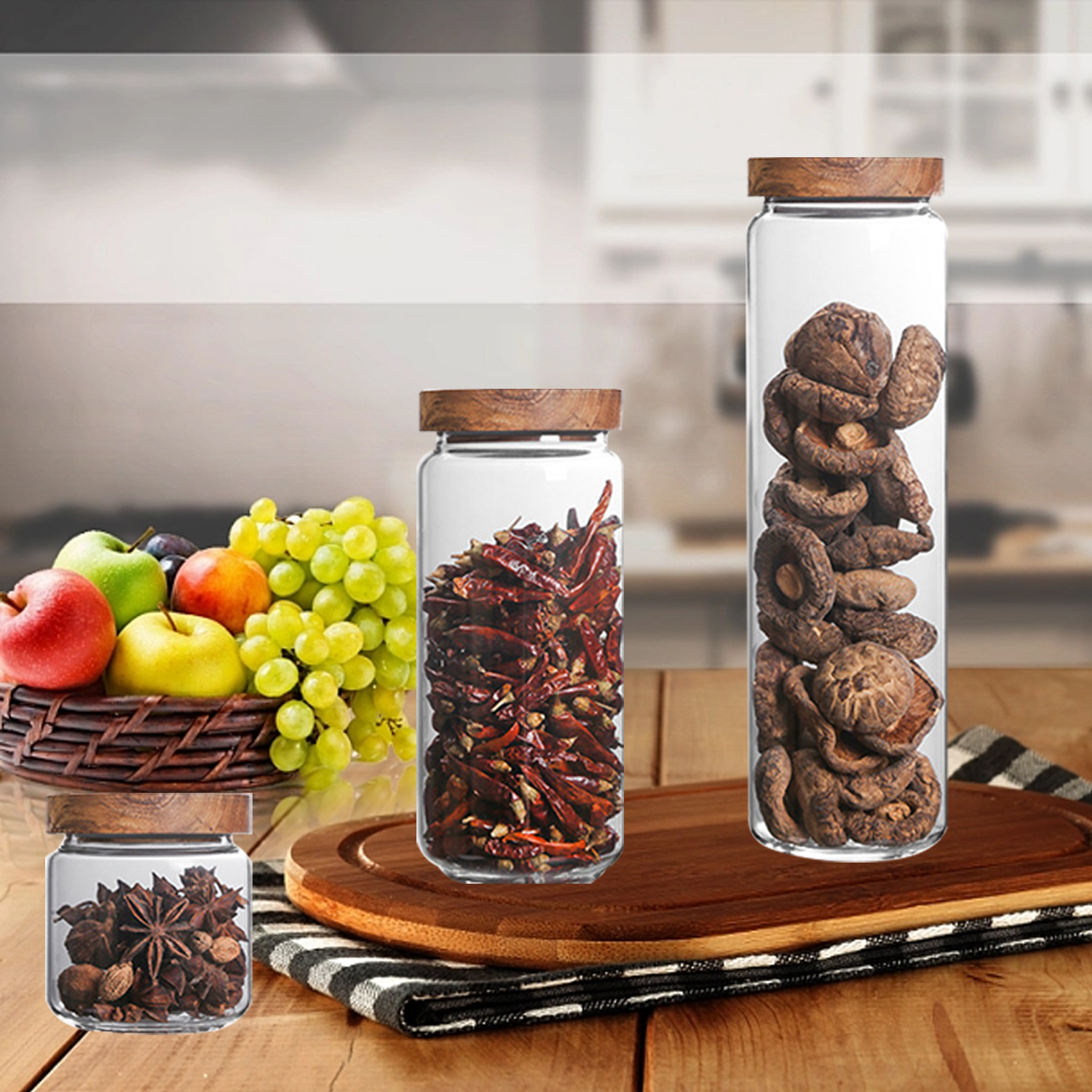 Wood Lid Glass Airtight Canister Kitchen Storage Bottles Jar Candy Food Jar Container Bottle Coffee Bean Pasta Grain Oatmeal Jar