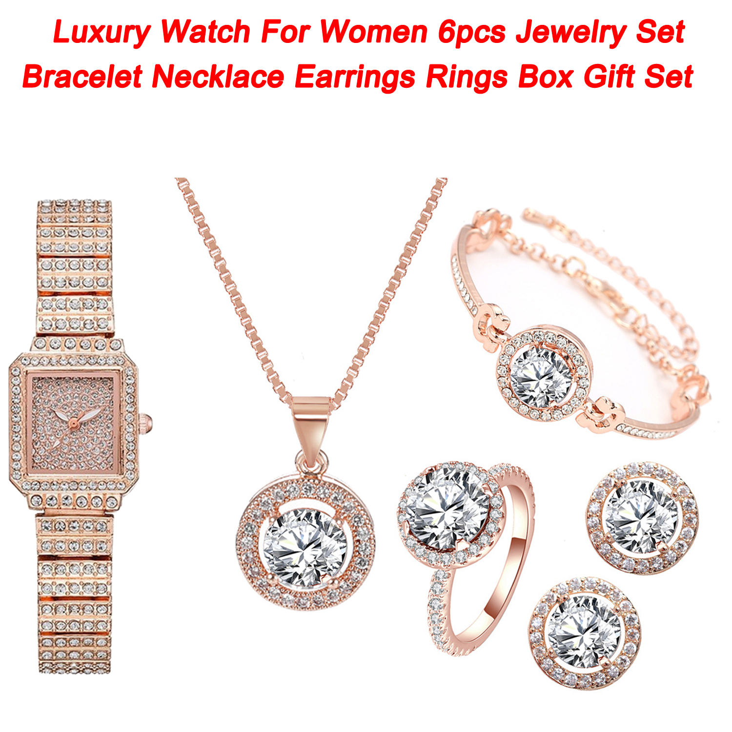 Reloj de lujo para mujer, 6 uds., conjunto de joyería, pulsera, collar, pendientes, anillos, caja, conjunto de regalo 