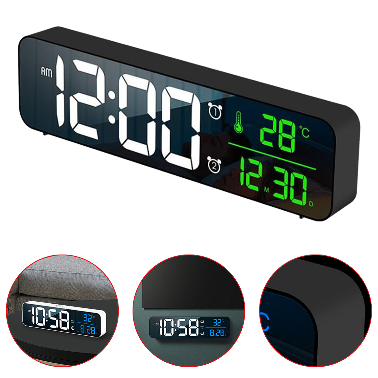 Reloj despertador Digital LED Snooze temperatura fecha pantalla USB tira de escritorio espejo LED relojes para decoración de sala de estar