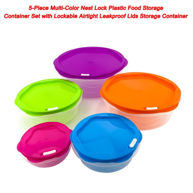 Juego de contenedores de almacenamiento de alimentos de plástico con cerradura de nido multicolor de 5 piezas con tapas herméticas a prueba de fugas con cerradura contenedor de almacenamiento