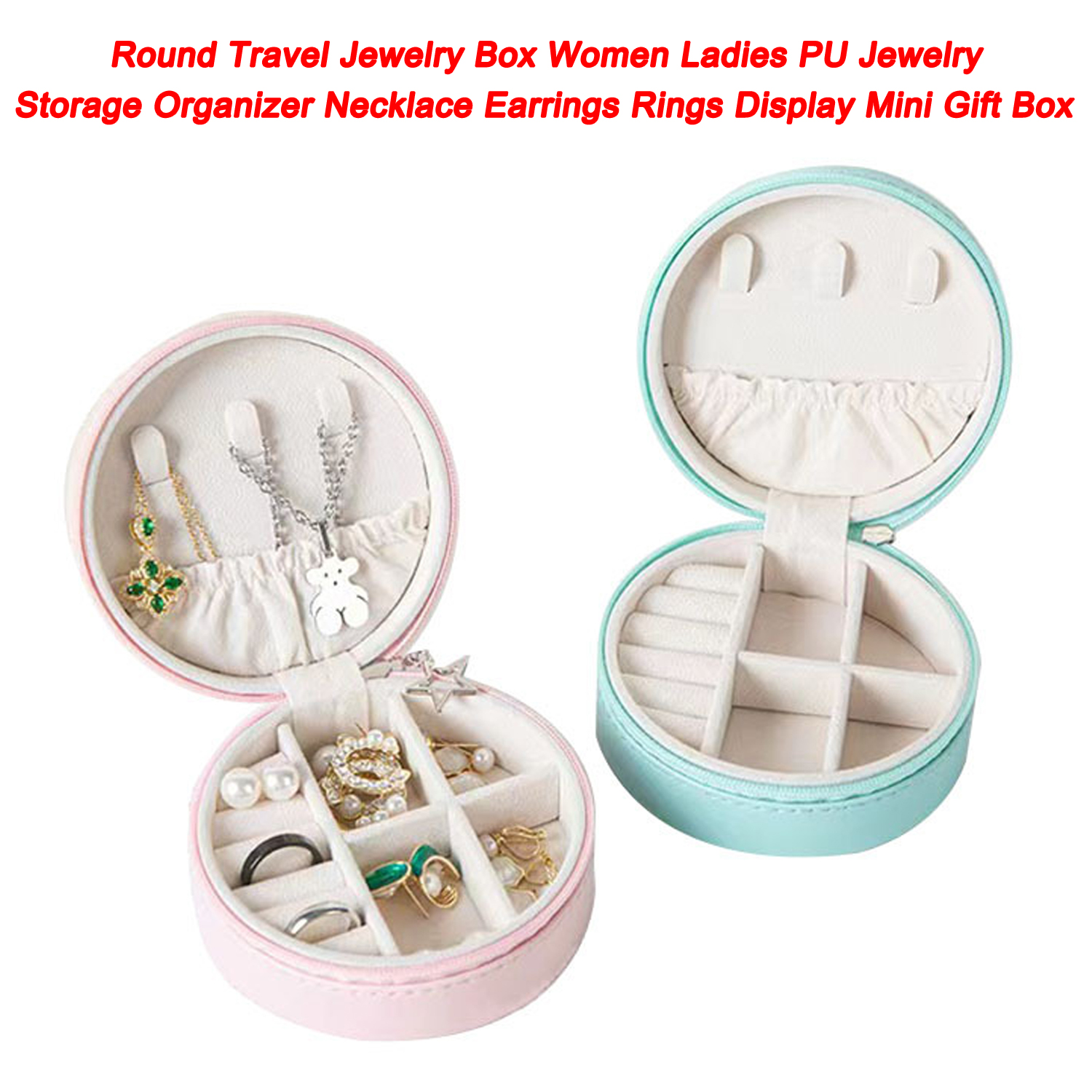 Caja redonda para joyas de viaje para mujer, organizador de almacenamiento de joyas de PU, collar, pendientes, anillos, minicaja de regalo