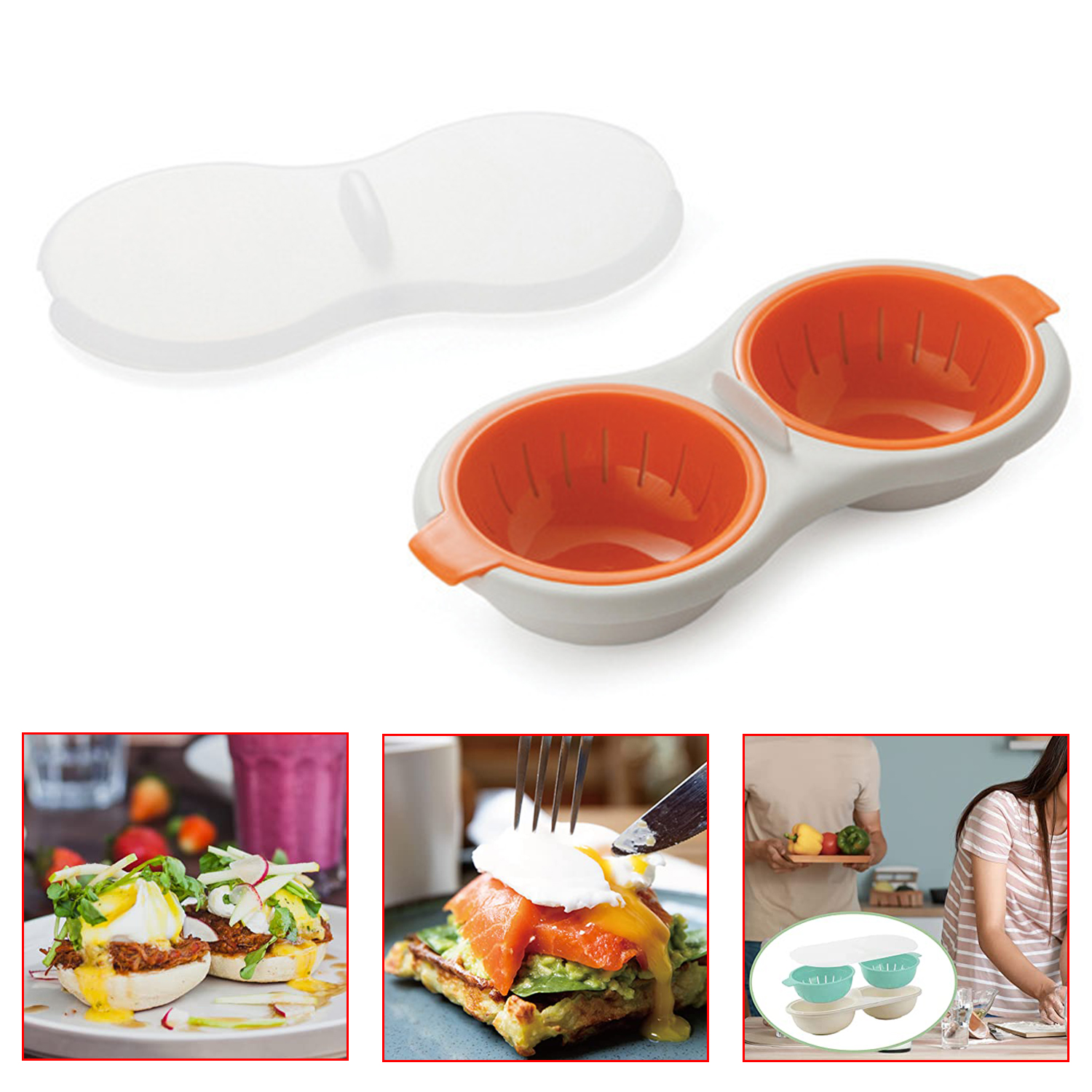 Escalfador de huevos para microondas, escalfador redondo de drenaje, taza doble, hervidor de huevos, escalfador de huevos, utensilios de cocina para huevos al vapor