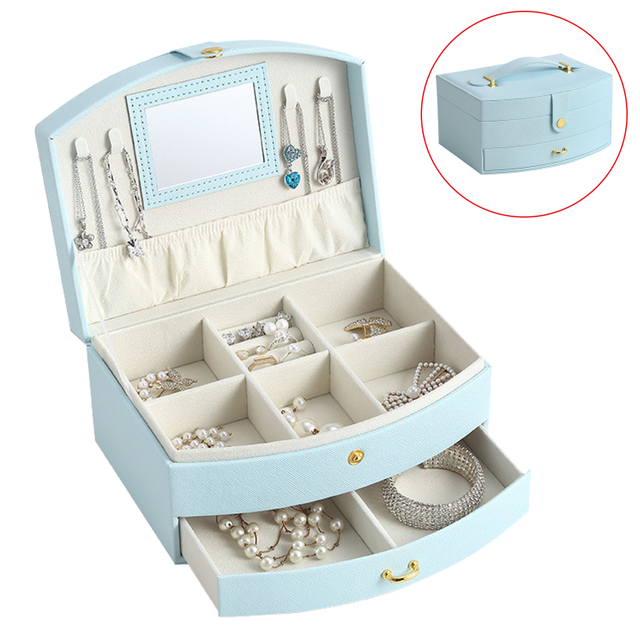 Joyero de cuero resistente al desgaste, organizador de joyas de viaje, caja de almacenamiento multifunción para collares y pendientes con espejo para regalos